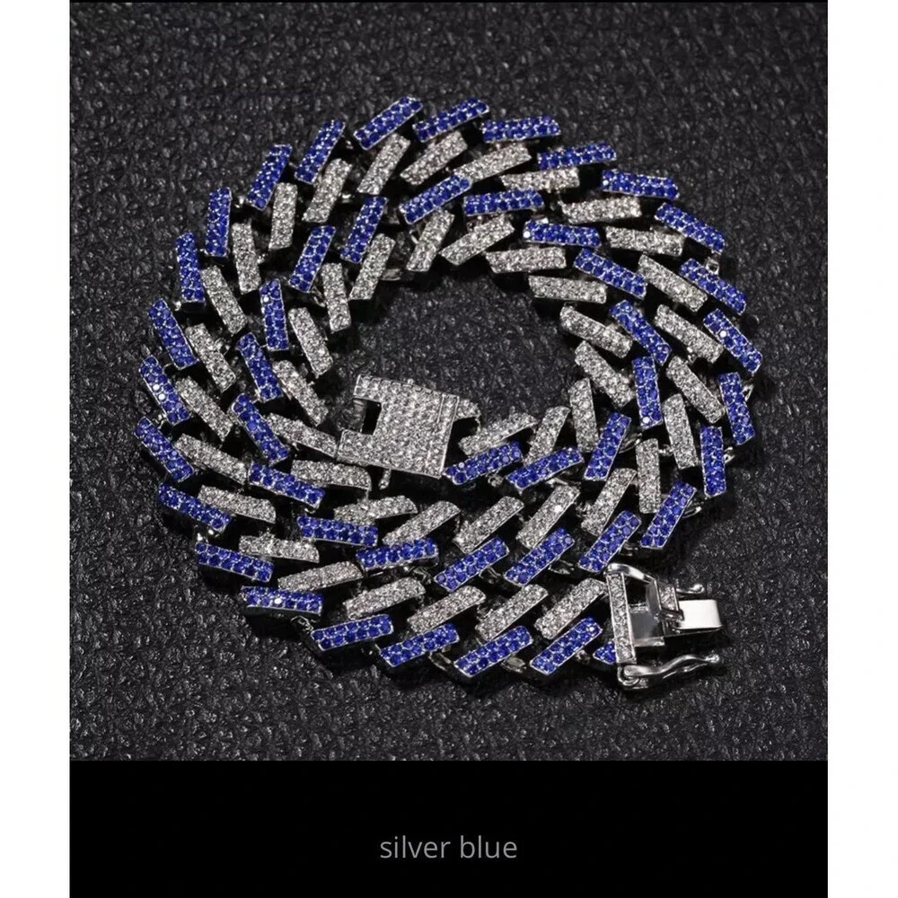 Blue  cuban Choker Necklace ,  blue choker Iced cuban 16inch